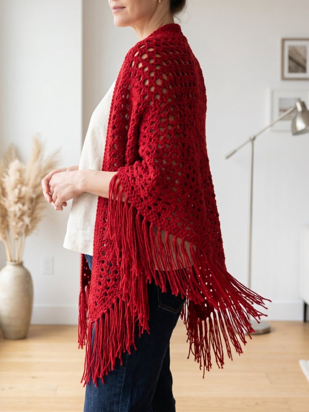 NEW Burgundy Red Hand Knitted Shawl Wrap Scarf Boho Fringe Cottage Indie Artsy